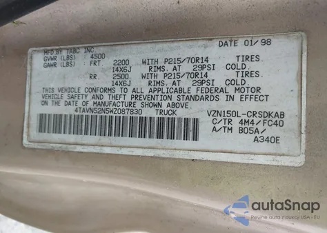 1998 Toyota Tacoma Base V6 from USA, damaged, VIN 4TAVN52N5WZ087830